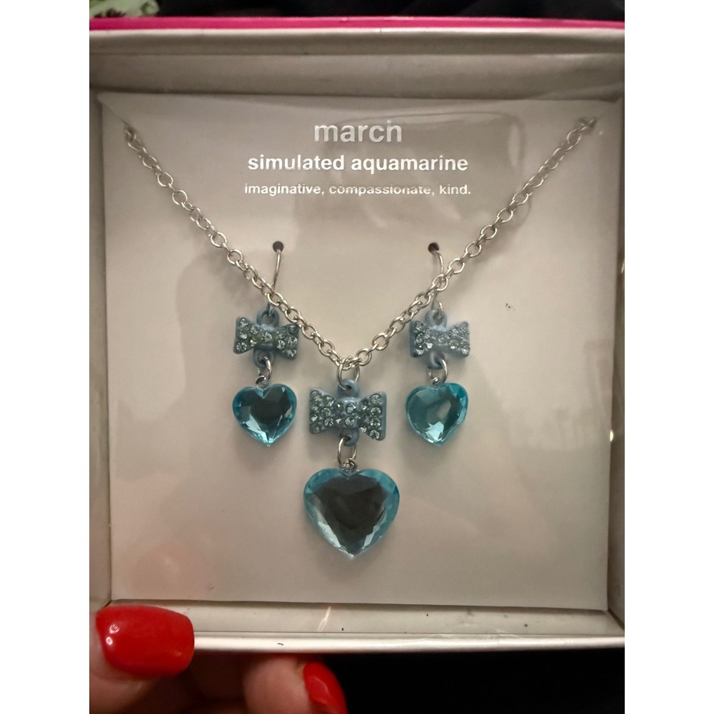 Justice March Birthstone Jewelry Set Simulated Aquamarine Heart Necklace Earring